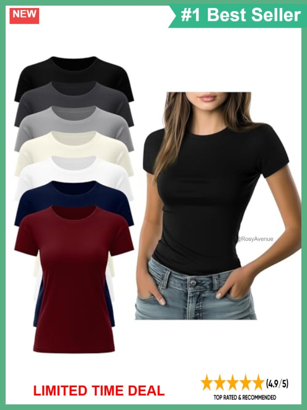 7 Pack Women's Cotton Blend Slim Fit Crew Neck Short Sleeve T-Shirts